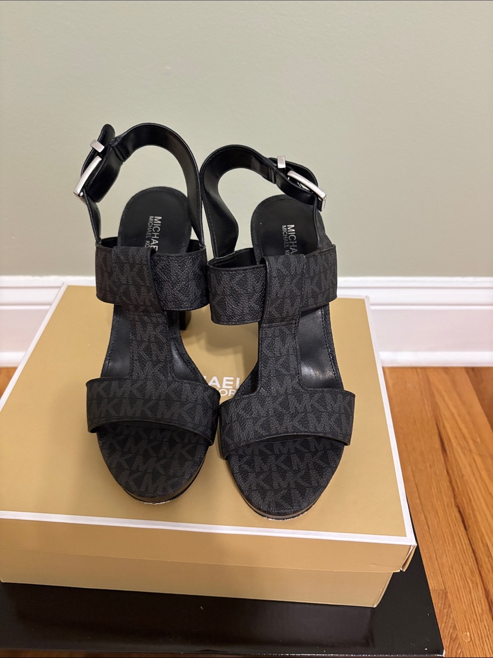 MICHAEL KORS Black Monogram Strap Heels